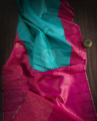 Dark Sky Blue And Rani Pink Kanjivaram Silk Saree - S1155(A) - View 1