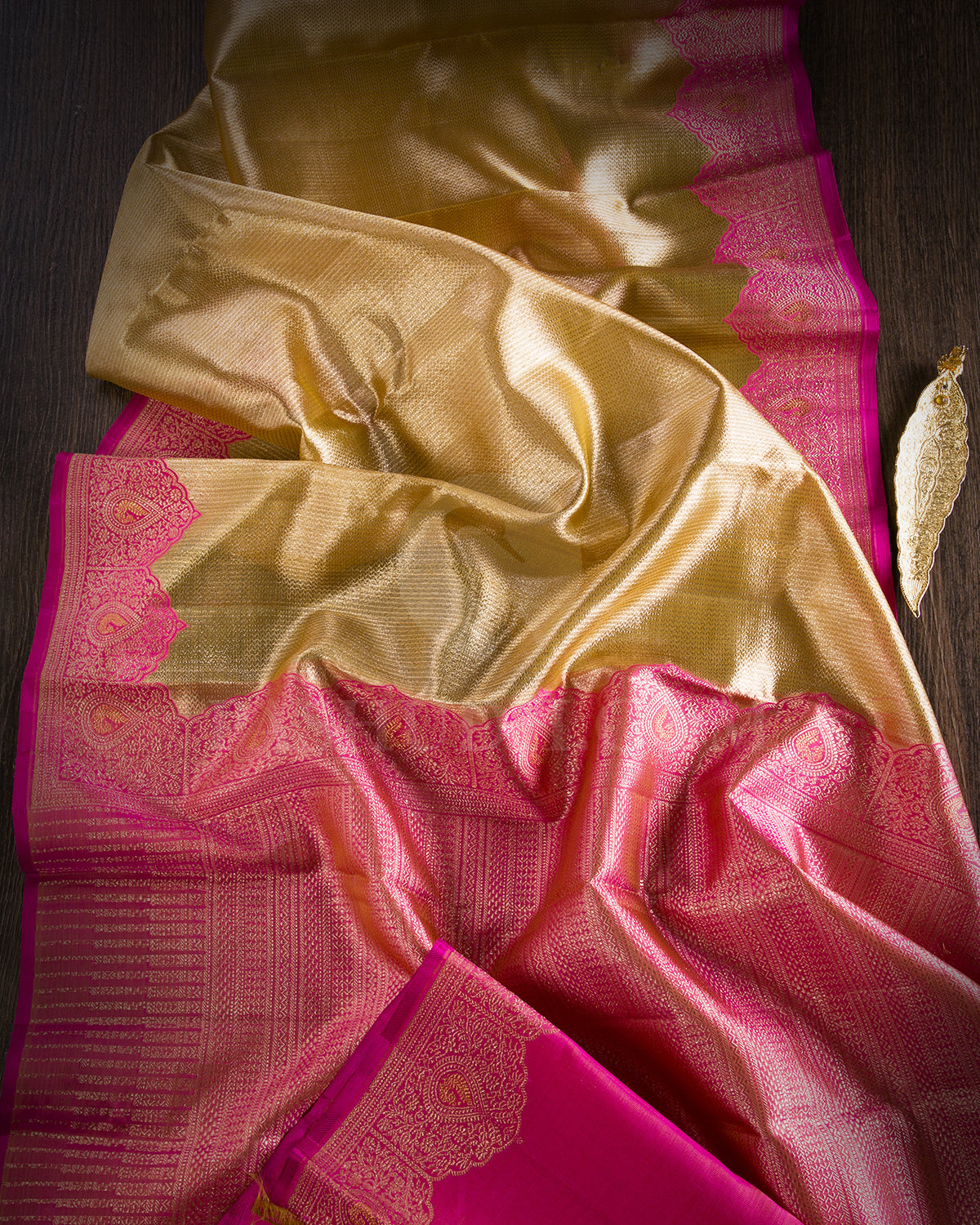 Gold Silver And Rani Pink Organza Shimmer Kanjivaram Silk Saree - S1323(A)