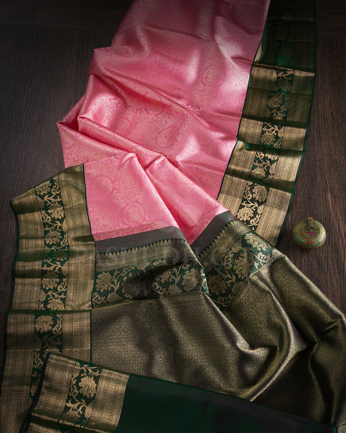 Peachy Pink And Dark Green Kanjivaram Silk Saree - S1303(A)