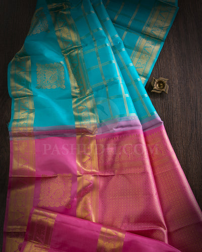 Turquoise Blue And Pink Traditional Kanjivaram Silk Saree - SVJ54