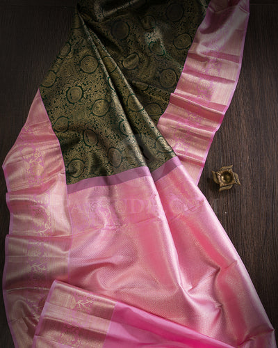 Bottle Green And Baby Pink Kanjivaram Silk Saree - S1303(B)