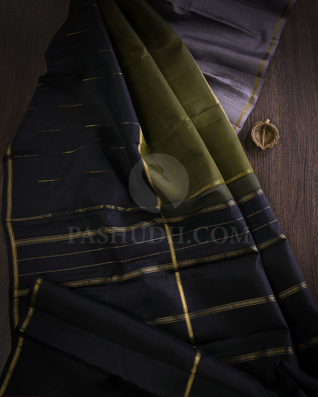 Olive Green, Grey And Black Traditional Kanjivaram Silk Saree - SVJ42