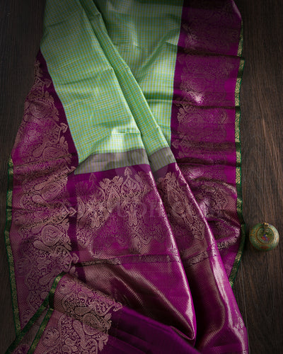 Blue, Green And Violet Checkered Kanjivaram Silk Saree - S1103(D)