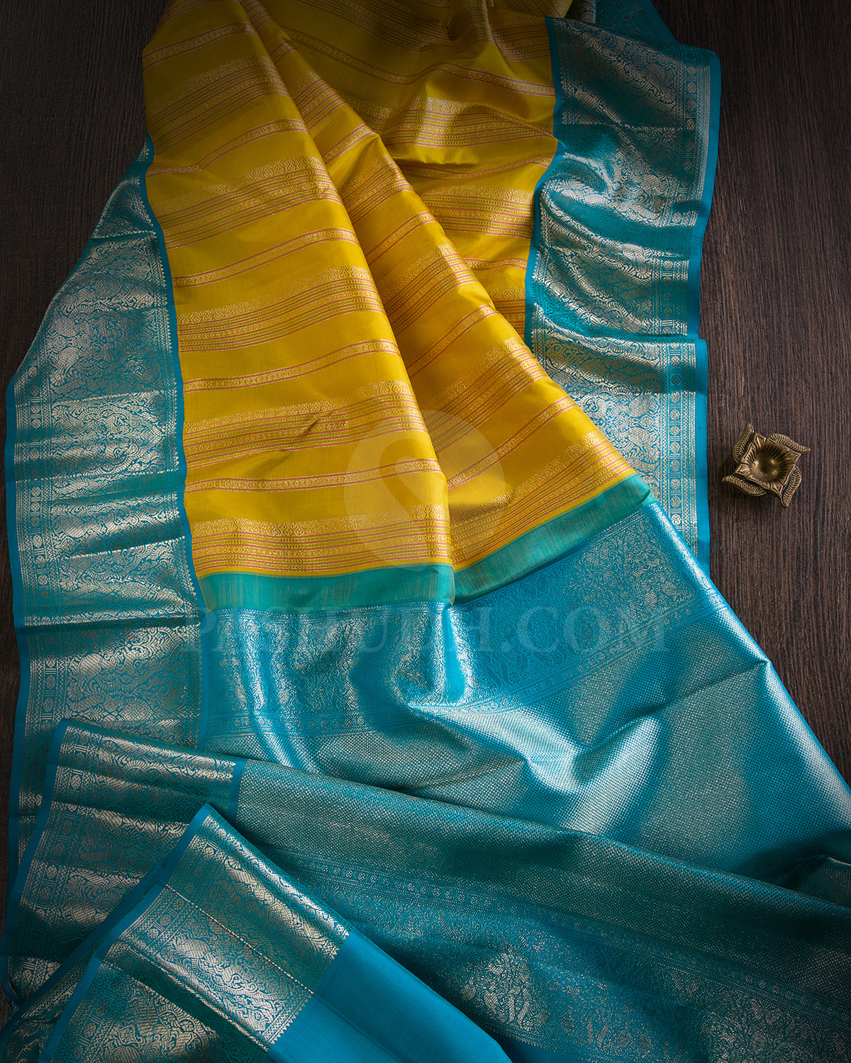 Mustard Yellow And Anandha Blue Kanjivaram Silk Saree - S1227(C)