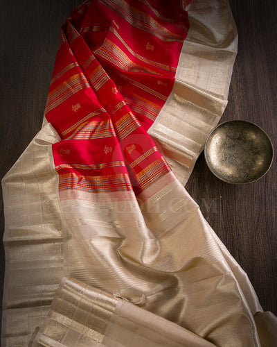 Bright Red And Ivory Kanjivaram Silk Saree - S1333(A)