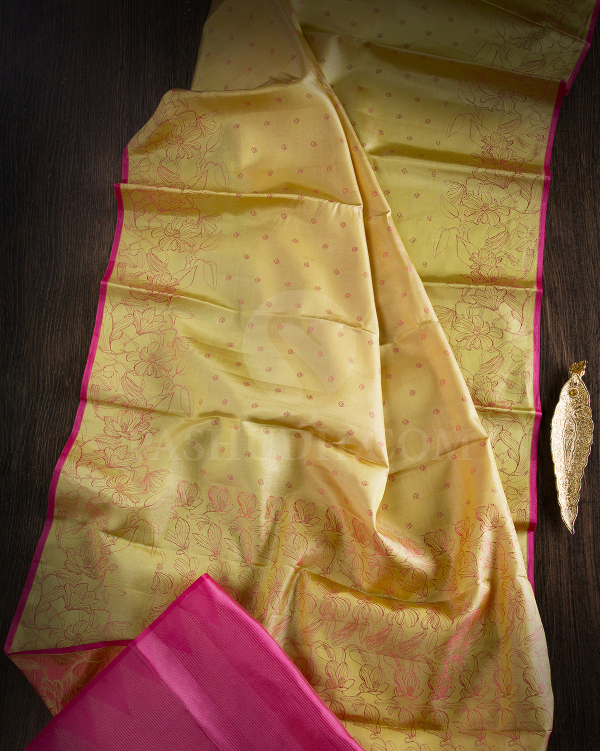 Mild Golden Yellow And Watermelon Pink Borderless Kanjivaram Silk Saree - D570(D)