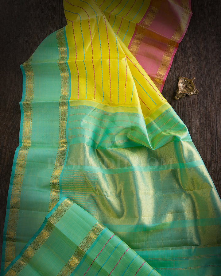 Lemon Yellow, Pink And Sky Blue Traditional Kanjivaram Silk Saree - SVJ50