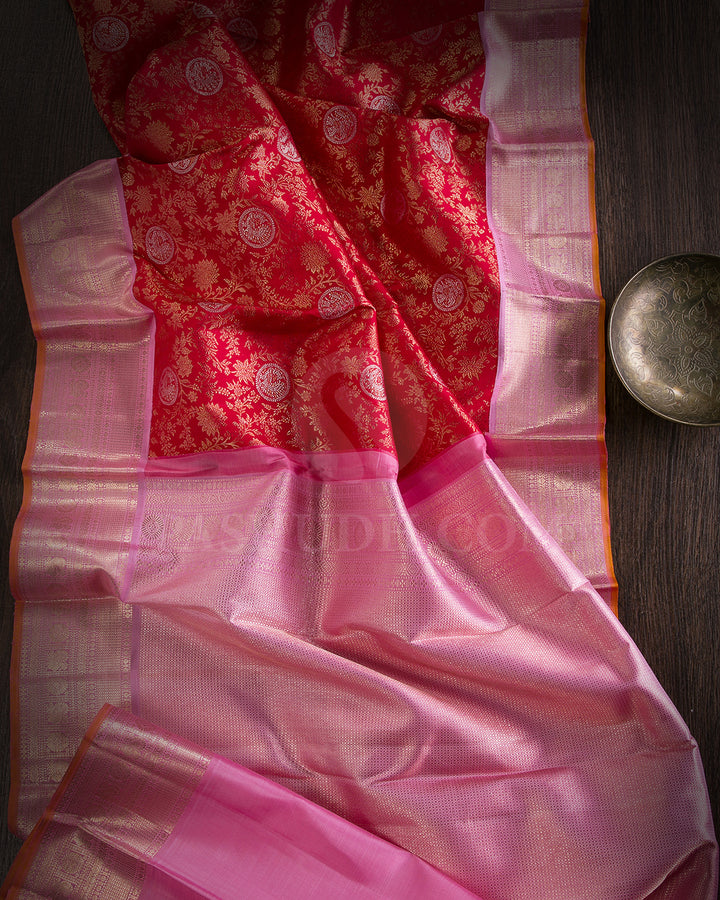 Red And Baby Pink Kanjivaram Silk Saree - S1329(A)