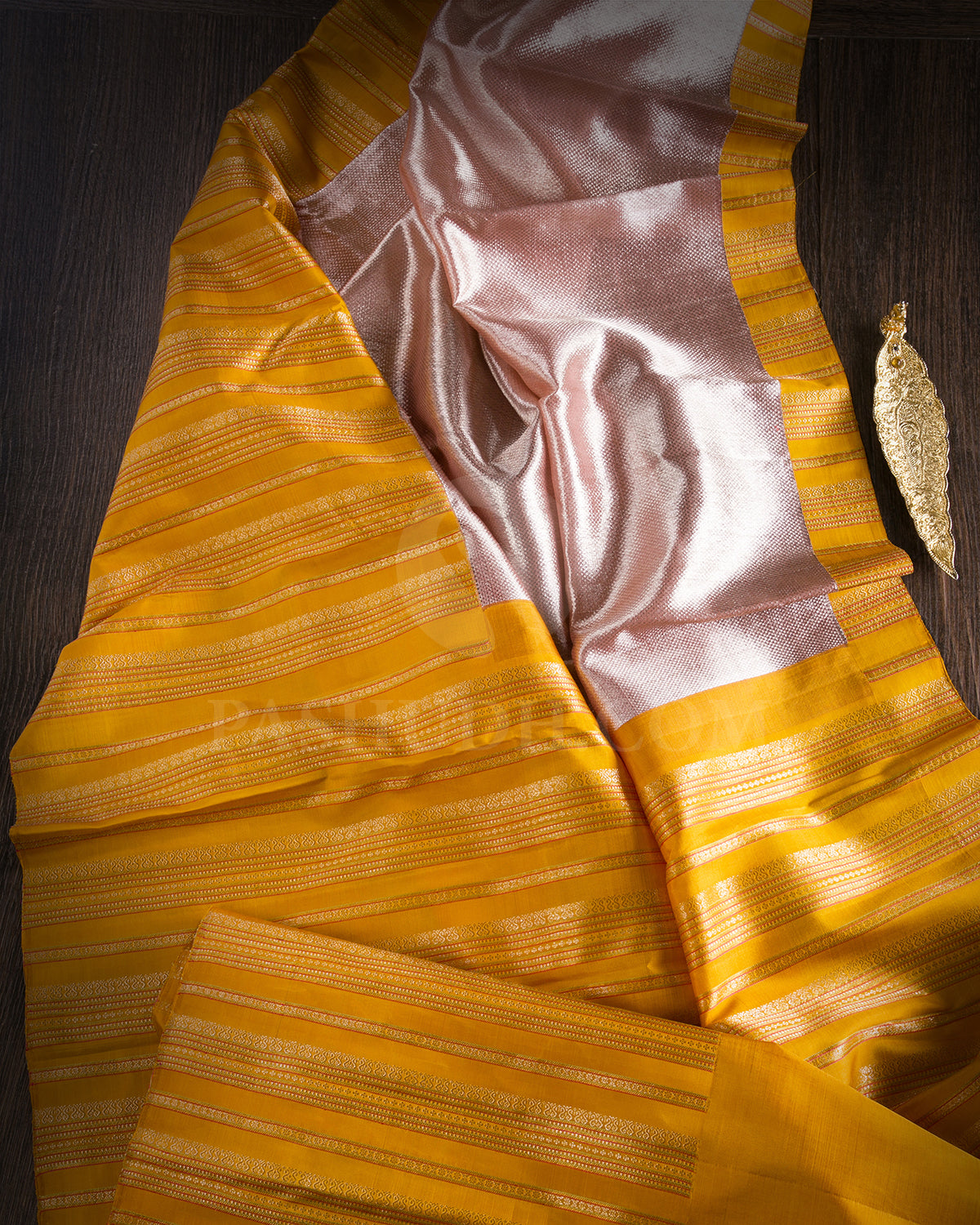 Baby Pink And Mango Yellow Shimmer Kanjivaram Silk Saree - S1310(A)