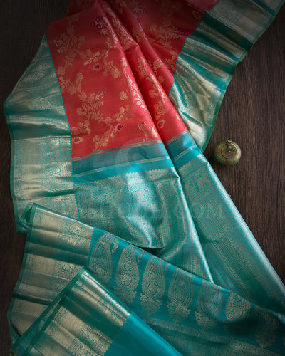 Rust Orange And Sky Blue Kanjivaram Silk Saree - S1219(B)