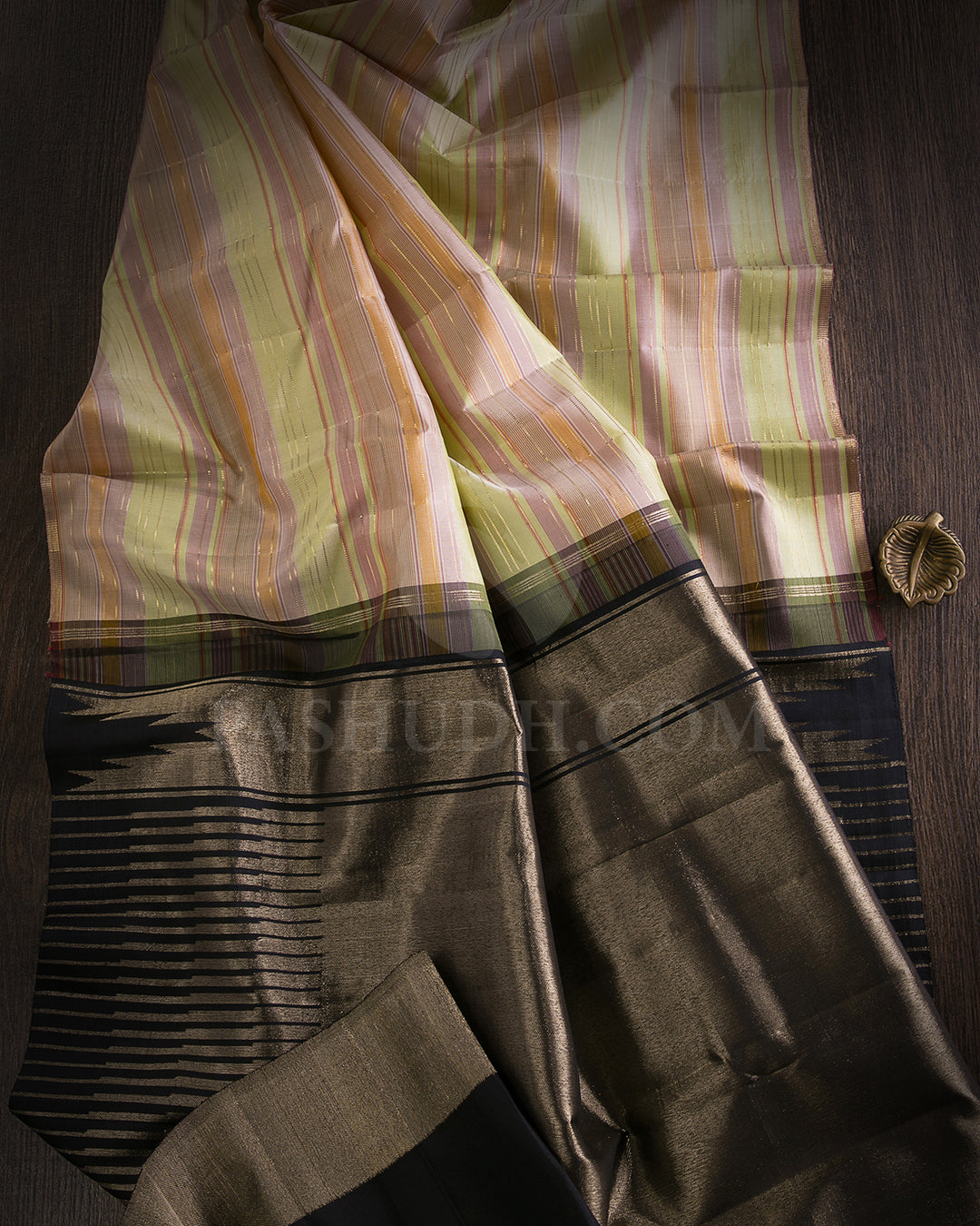 Light Green, Lavender, Pastel Orange And Black Kanjivaram Silk Saree - S1199(C)