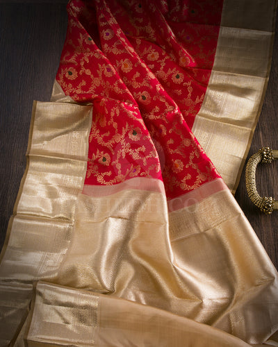 Bright Red And Cream Kanjivaram Silk Saree - S1307(A)