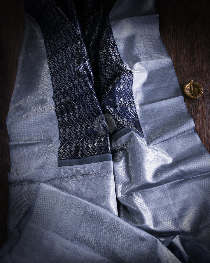 Midnight Blue & Silver Grey Kanjivaram Silk Saree - DT208 - View 1