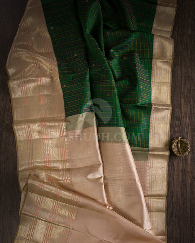 Dark Green & Beige Kanjivaram Silk Saree - S1136(A) - View 1