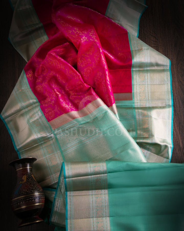 Dark Pink and Turquoise Kanjivaram Silk Saree - S916