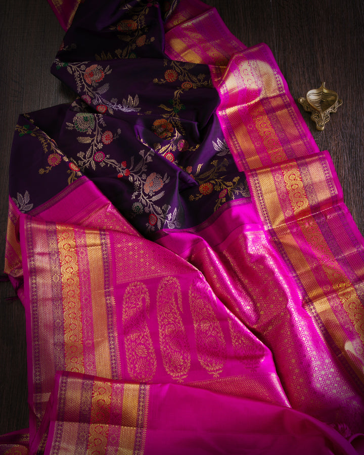 Deep Purple and Punch Pink Pure Zari Kanjivaram Silk Saree - P121