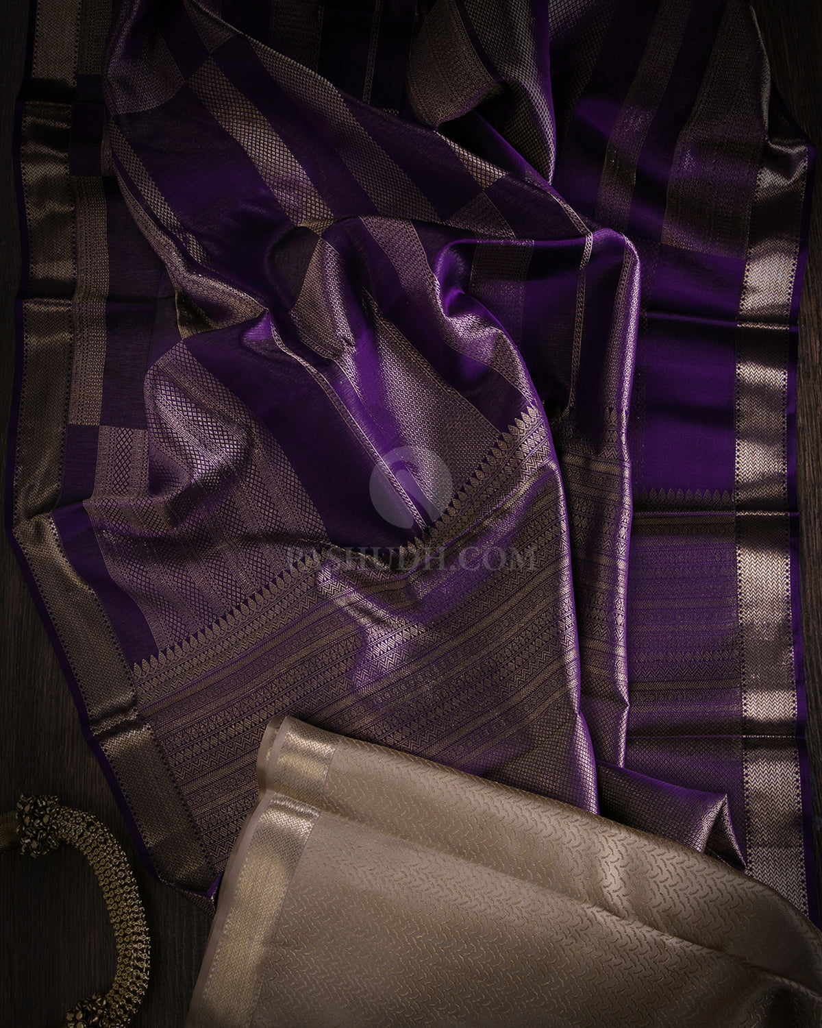 Violet & Sandal Kanjivaram Silk Saree - D442 - View 1