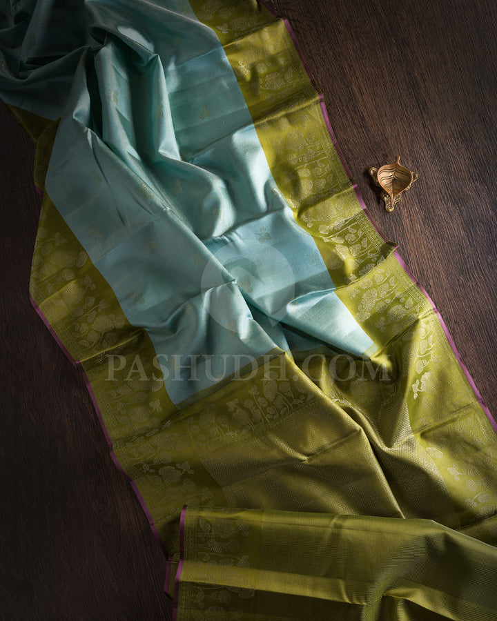 Sky Blue And Pear Green Shimmer Kanjivaram Silk Saree - DJ350(B)