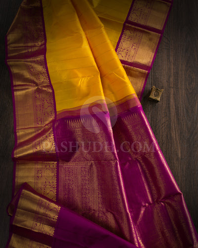 Mango Yellow And Magentha Traditional Kanjivaram Silk Saree - SVJ64