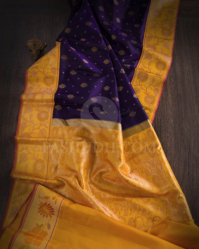 Navy Blue And Mango Yellow Pure Zari Kanjivaram Silk Saree - P171(A)