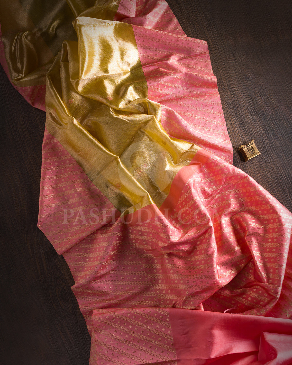 Gold And Baby Pink Organza Shimmer Kanjivaram Silk Saree - S1403(A)