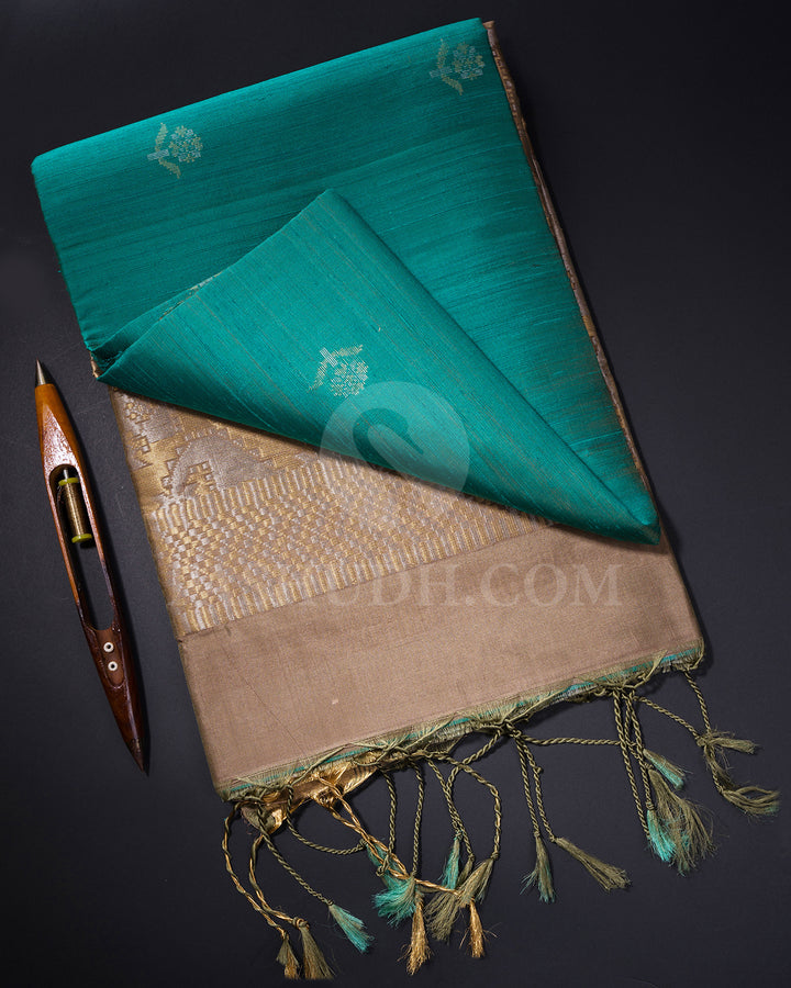 Prussian Green and Khaki Dupion Soft Silk Saree - AC50