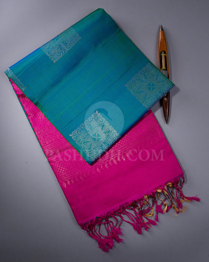 Blue Green and Rani Pink Sof Silk Saree - AC71