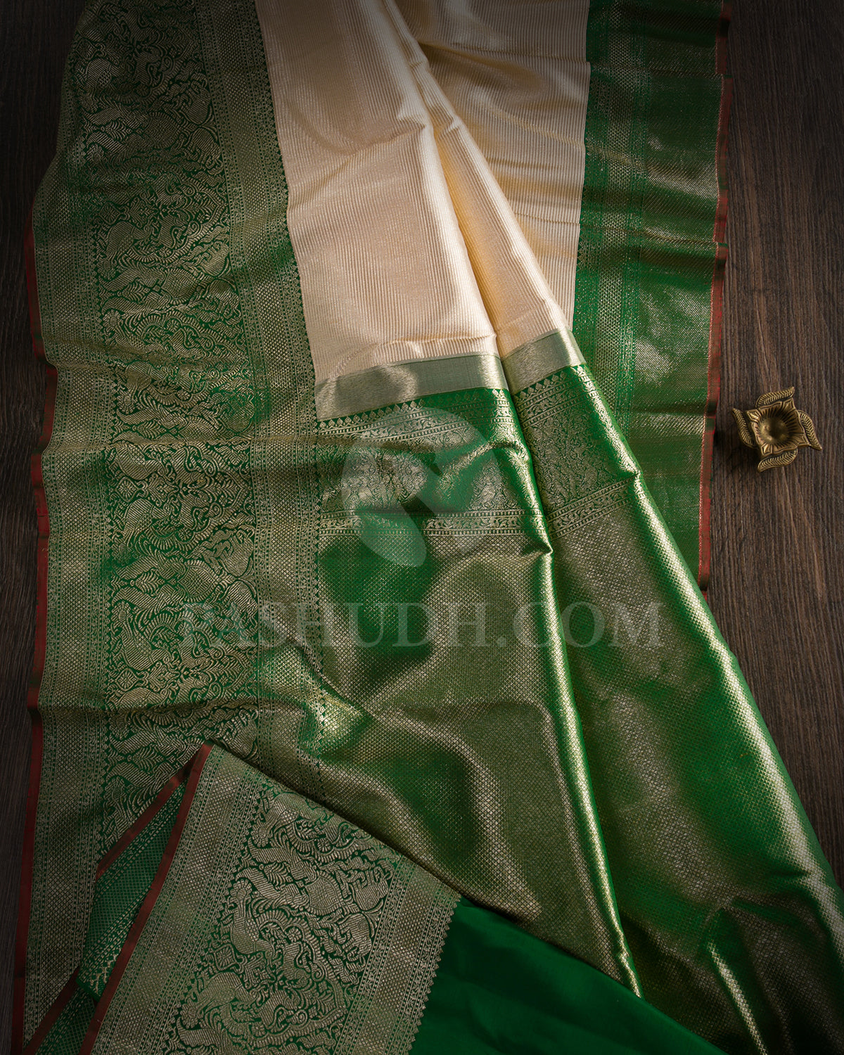 Off White And Forest Green Kanjivaram Silk Saree - S1234(D)