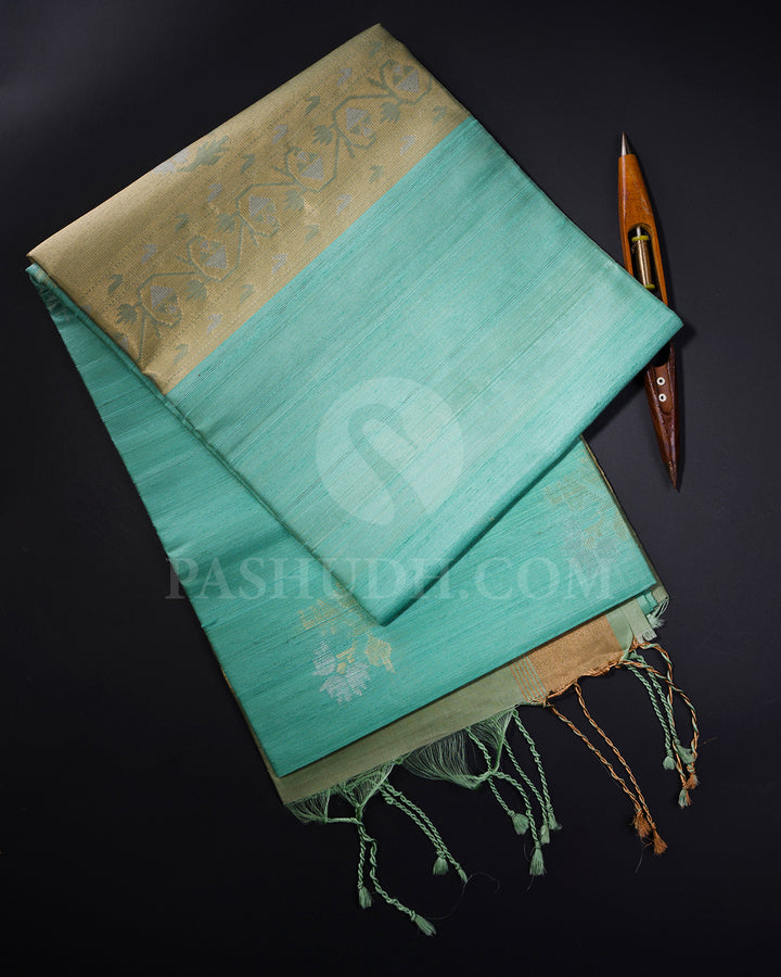 Poweder Blue and Sage Green Dupion Soft Silk Saree - AC83