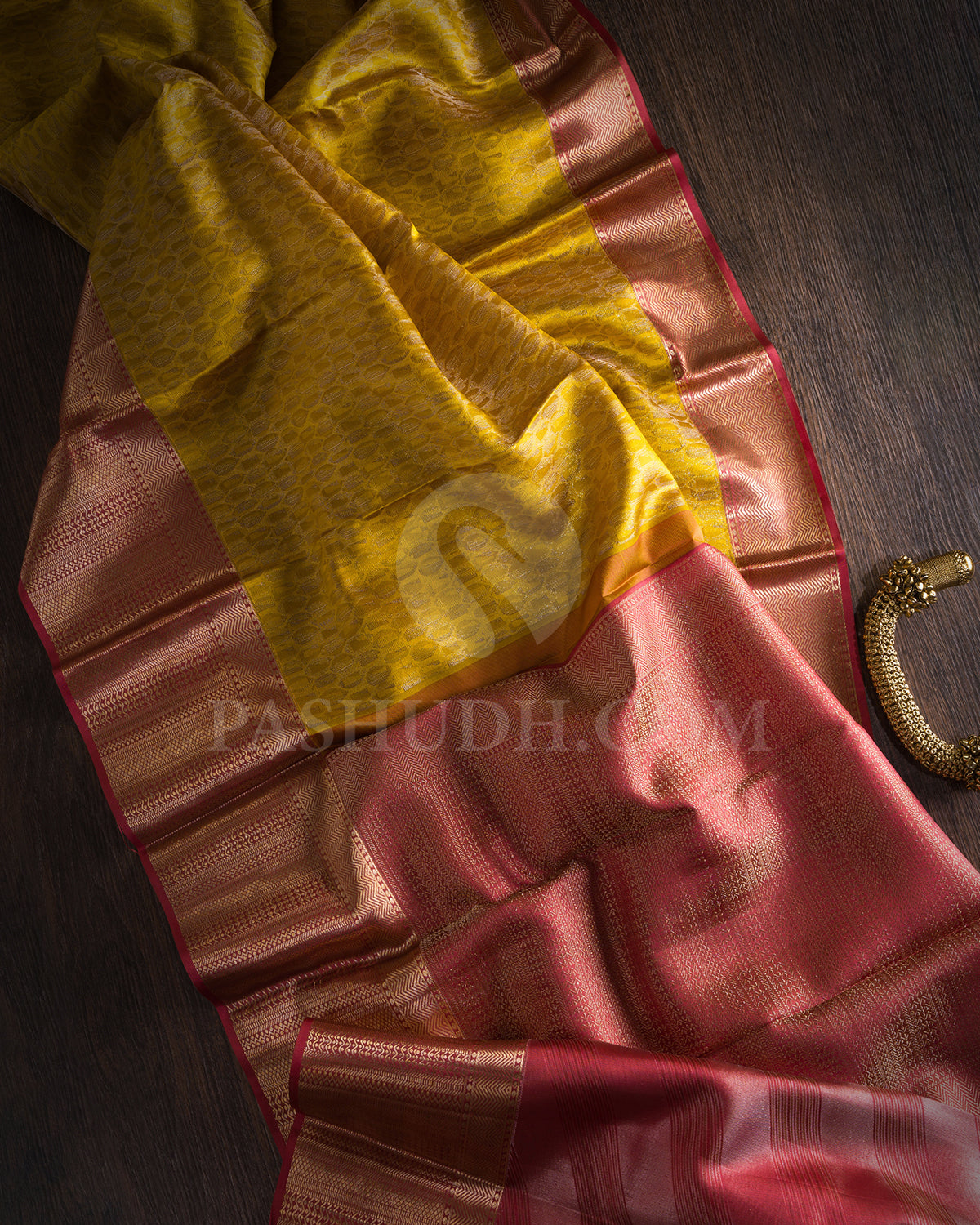 Mustard Yellow And Old Rose Kanjivaram Silk Saree - DT310(A)