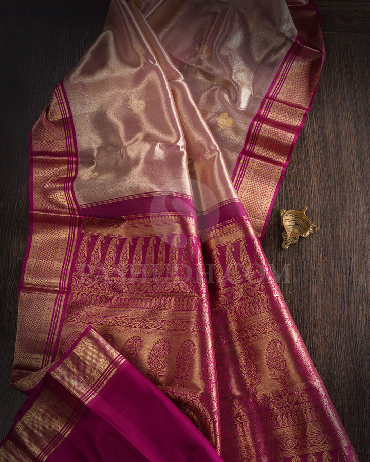 Mild Gold And Rasberry Pink Organza Shimmer Kanjivaram Silk Saree - S1371(A)