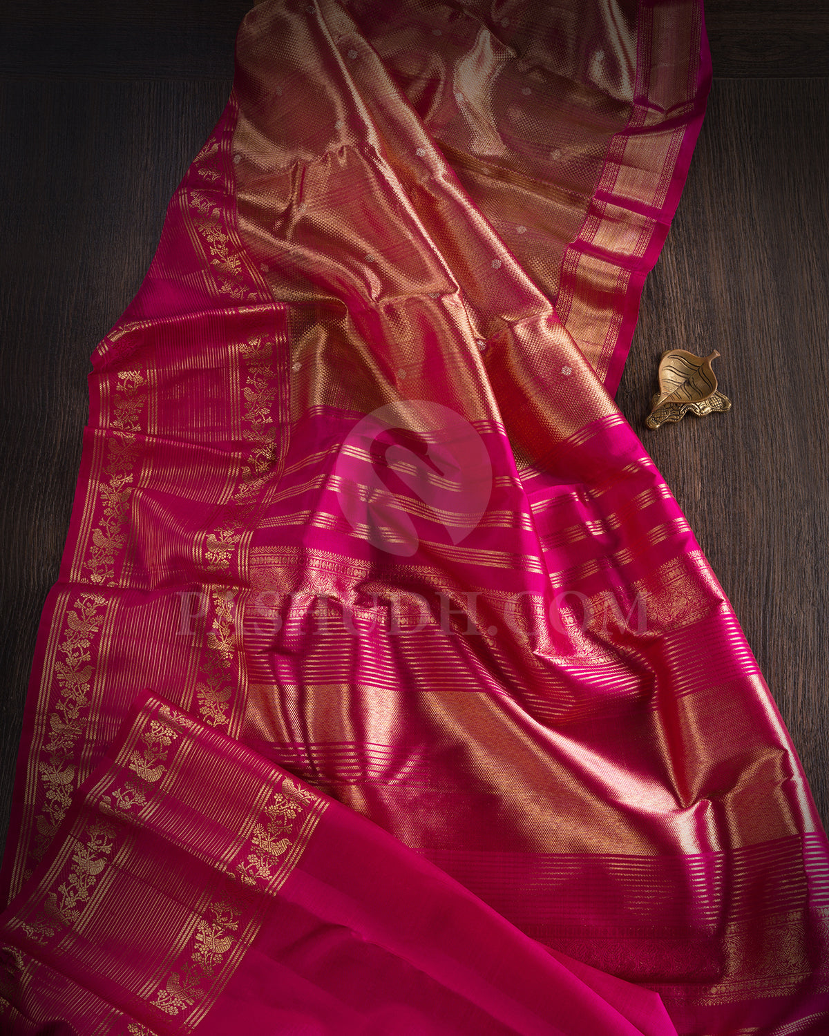 Pinkish Gold And Rani Pink Shimmer Organza Kanjivaram Silk Saree - S1385(A)