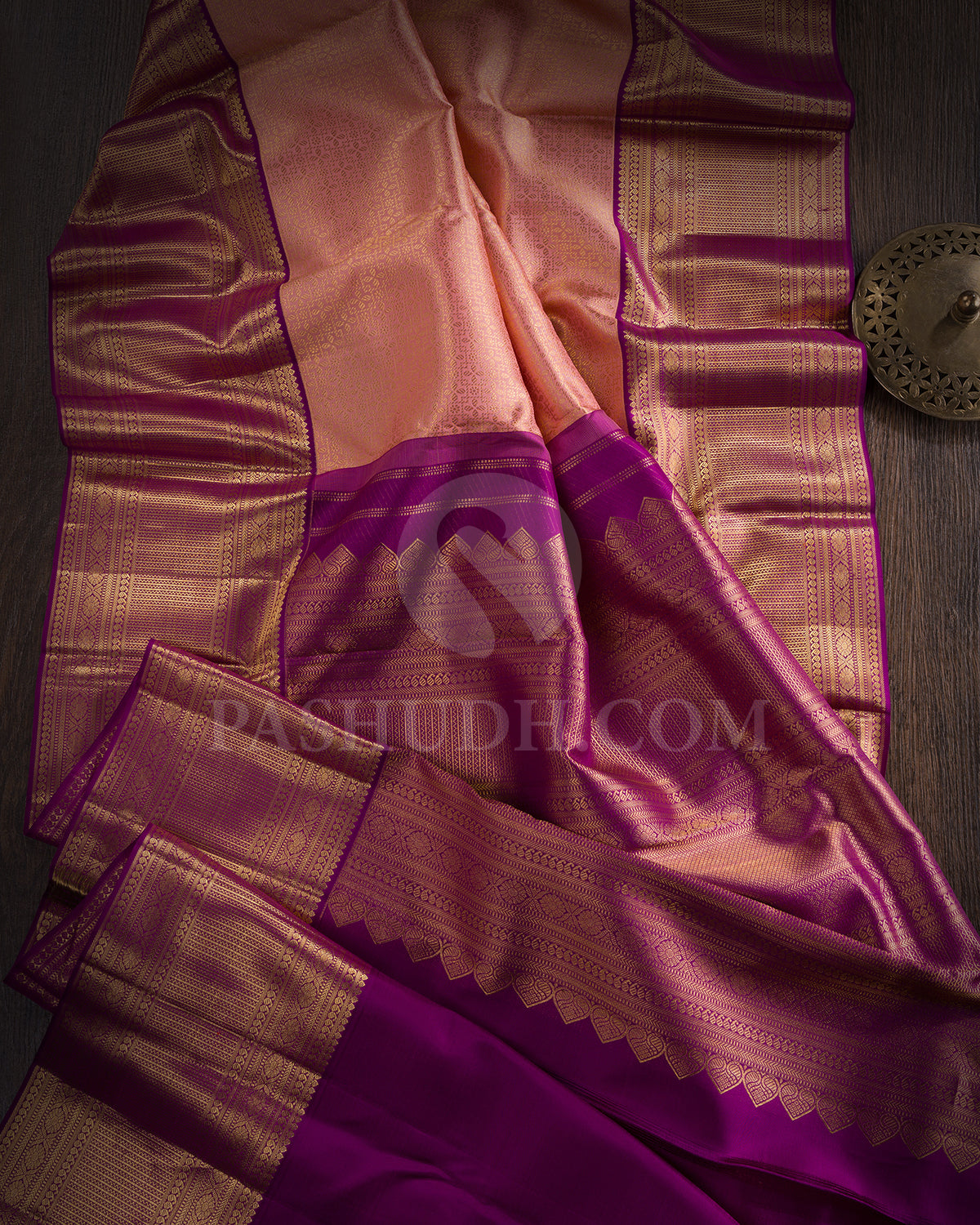 Pastel Peach And Violet Kanjivaram Silk Saree - BKB7