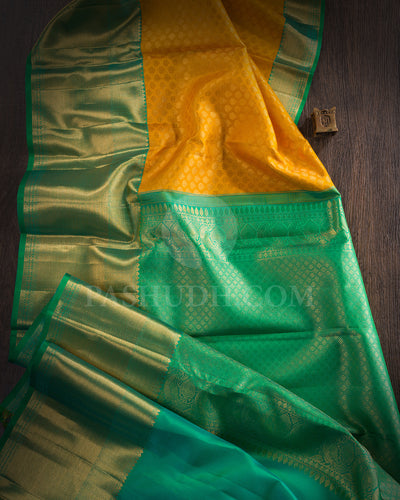 Mango Yellow And Emerald Green Kanjivaram Silk Saree - BKB8