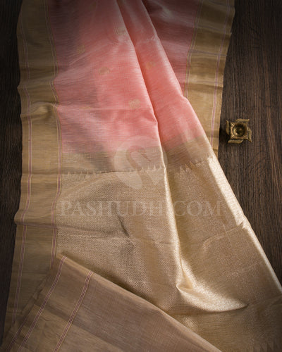 Peachy Pink and Khaki Linen Style Woven Traditional Kanjivaram Silk Saree - AK15