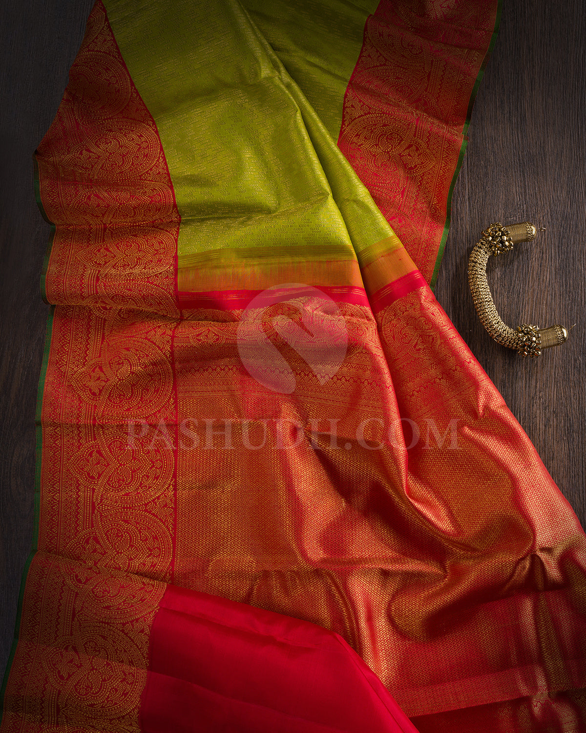 Pear Green and Red Pure Zari Kanjivaram Silk Saree - P175(A)