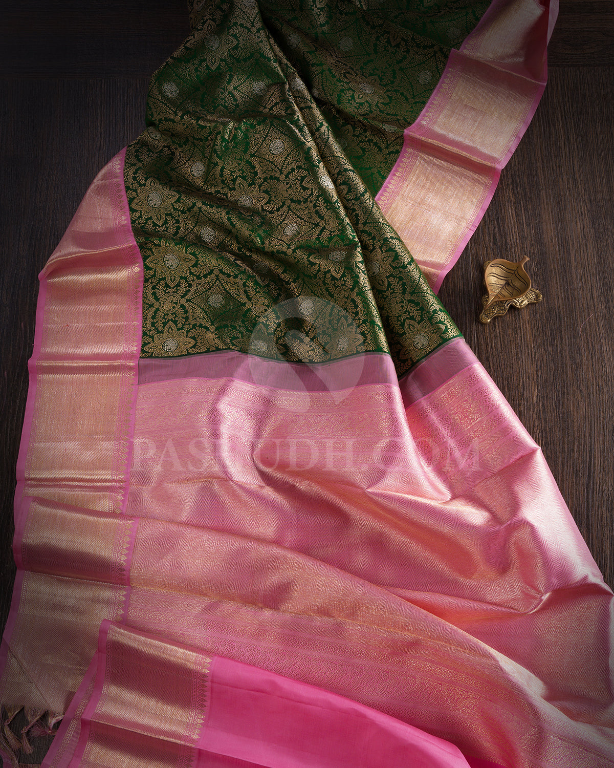 Forest Green and Baby Pink Kanijvaram Silk Saree - S1374(A)