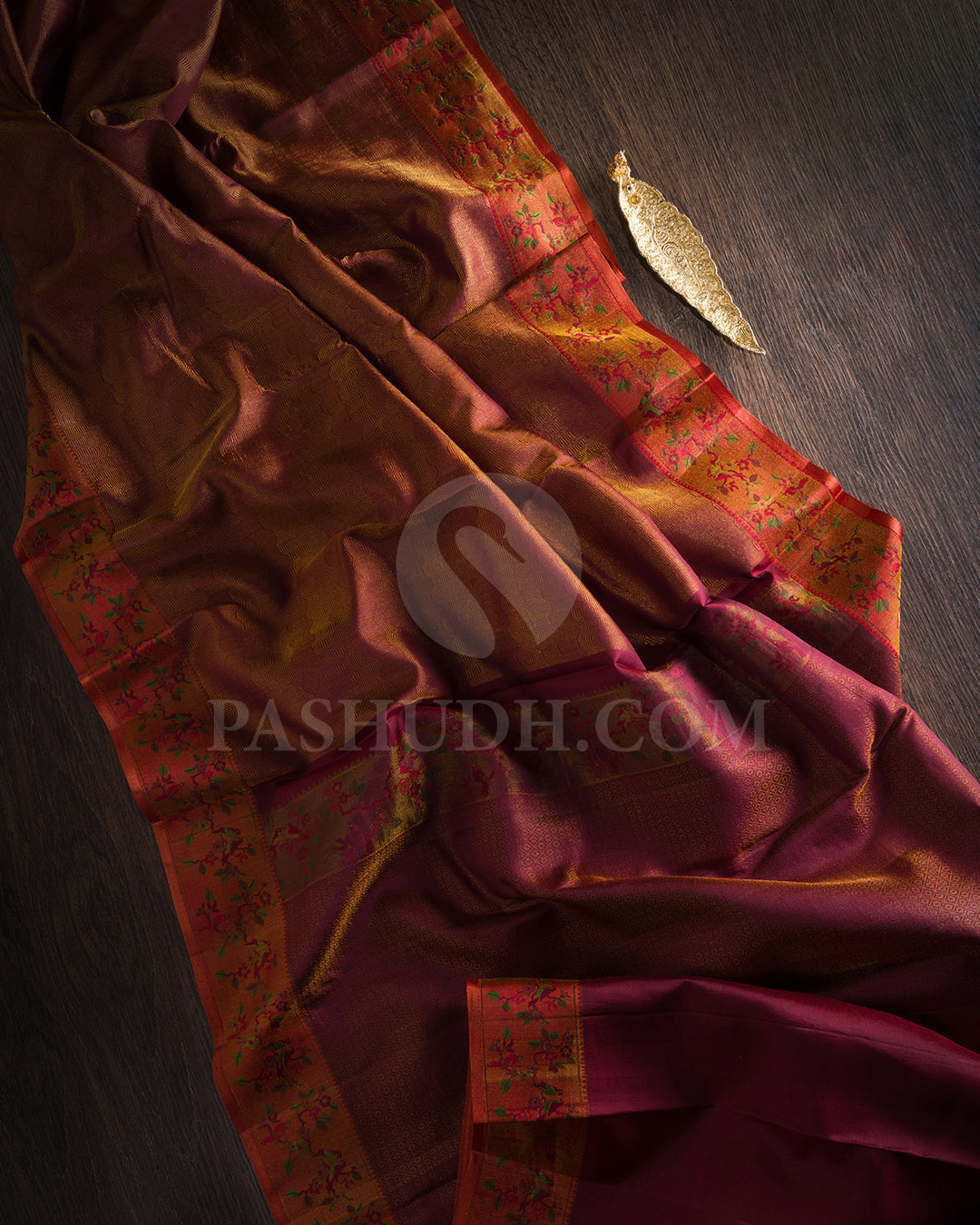 Brown And Rust Orange Kanjivaram Silk Saree - DJ328(D)