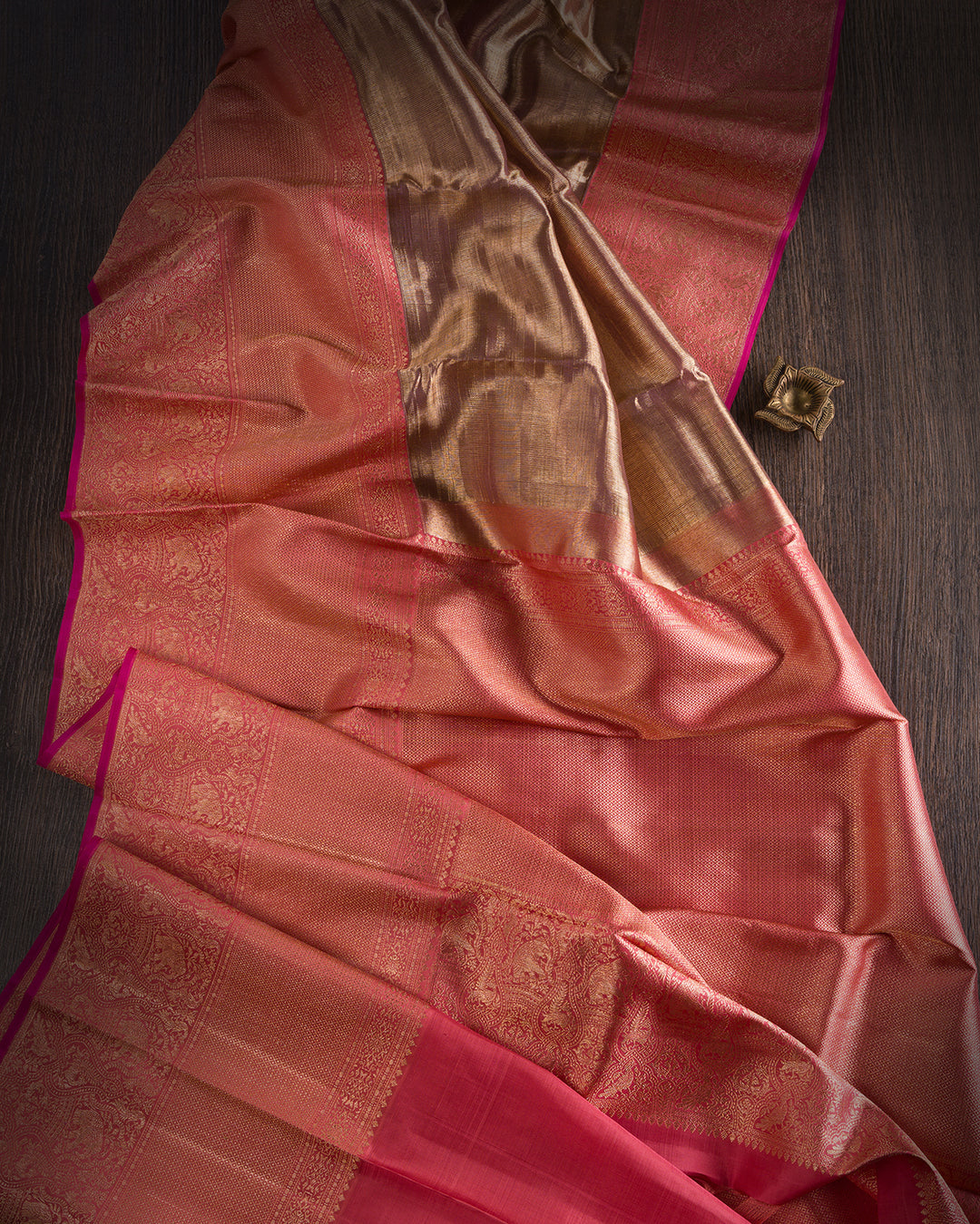 Antique Gold And Peachy Pink Shimmer Organza Kanjivaram Silk Saree - S1347(C)