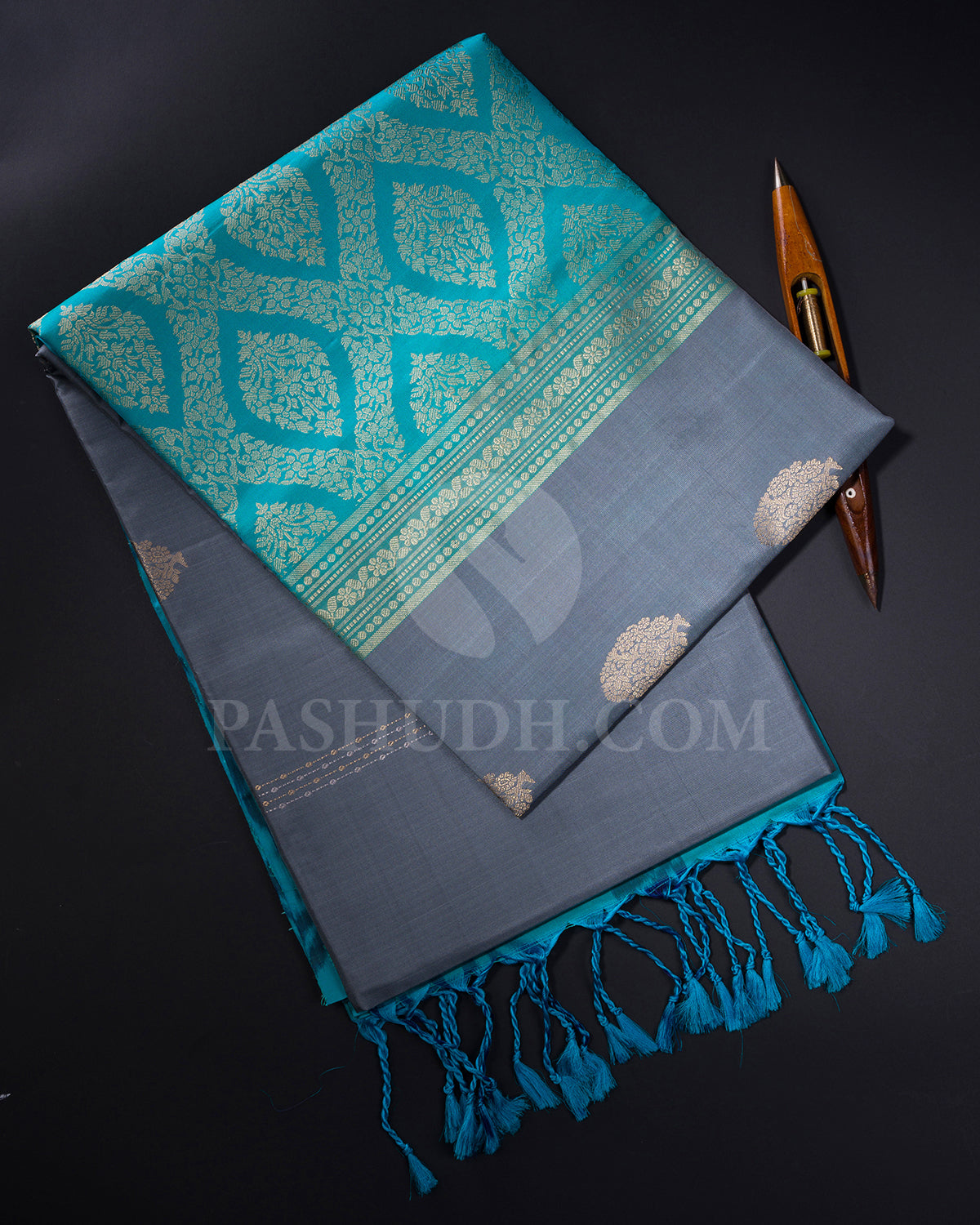 Turquoise Blue and Grey Soft Silk Saree - AC102