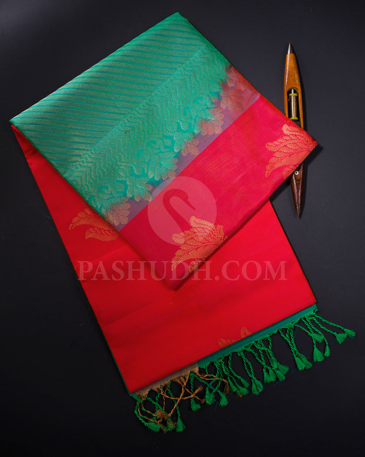 Bright Red and Blue Green Soft Silk Saree - AC24