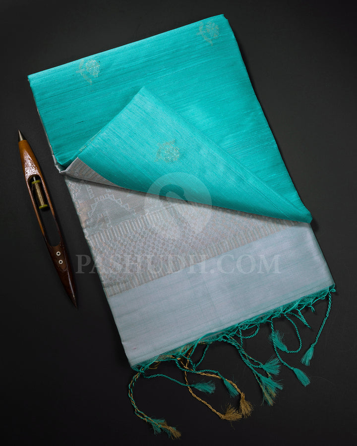 Cyan Blue and Grey Dupion Soft Silk Saree - AC23