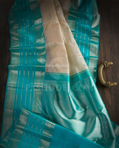 Off White And Turquoise Blue Linen Style Woven Kanjivaram Silk Saree - AK14