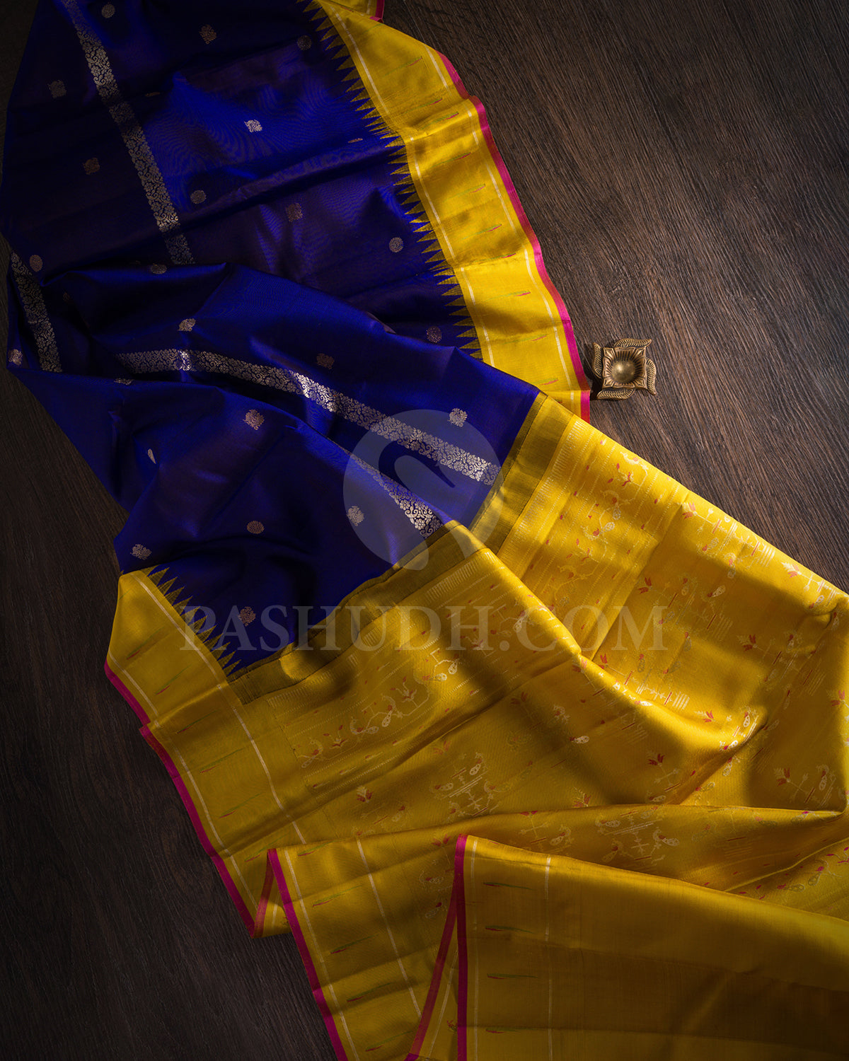 Royal Blue And Mustard Yellow Kanjivaram Silk Saree - S1414(A)