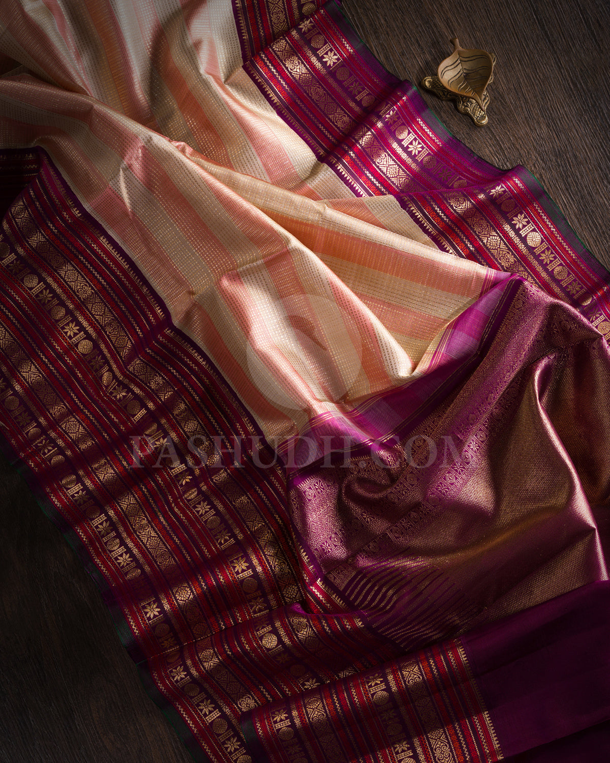 Off White, Peach And Violet Kanjivaram Silk Saree - S1413(A)