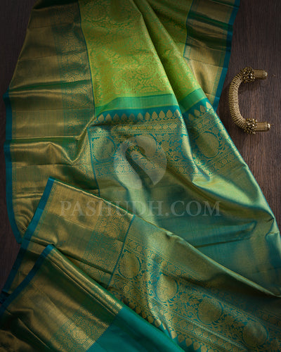 Pear Green And Teal Kanjivaram Silk Saree - BKB4