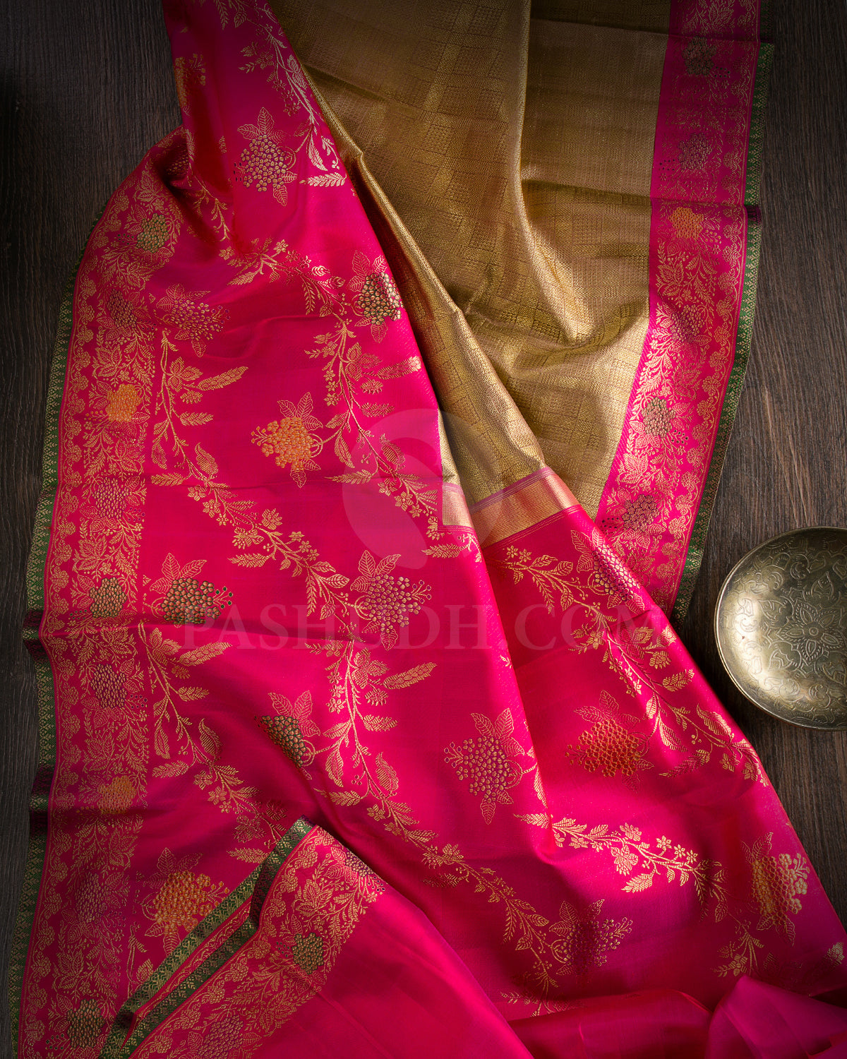 Pastel Brown and Rani Pink Pure Zari Kanjivaram Silk Saree - P166(A)