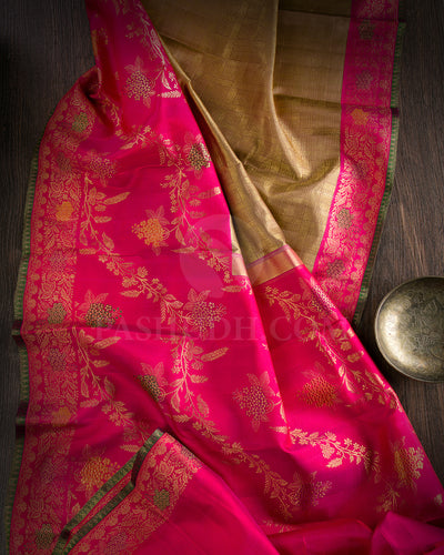 Pastel Brown and Rani Pink Pure Zari Kanjivaram Silk Saree - P166(A)