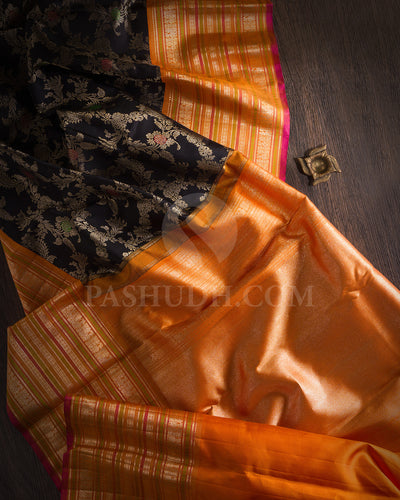 Black And Orange Kanjivaram Silk Saree - S1350(B)