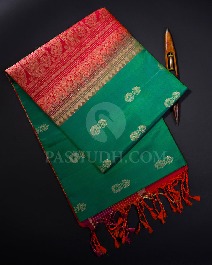 Dual Tone Green, Orange and Rani Pink Soft Silk Saree - AC100